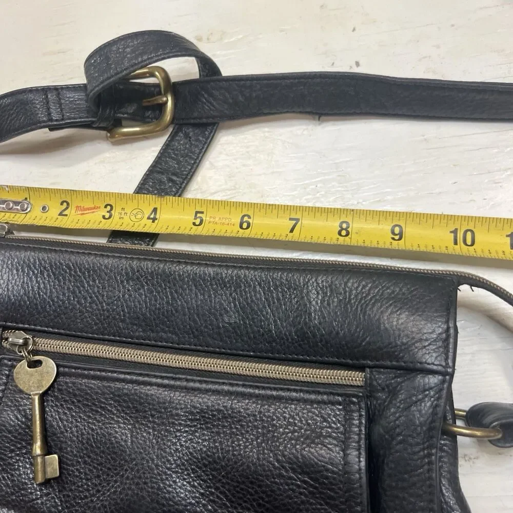 Vtg 1954 FOSSIL Crossbody Black Pebbled Genuine Leather Shoulder Bag Purse 75082